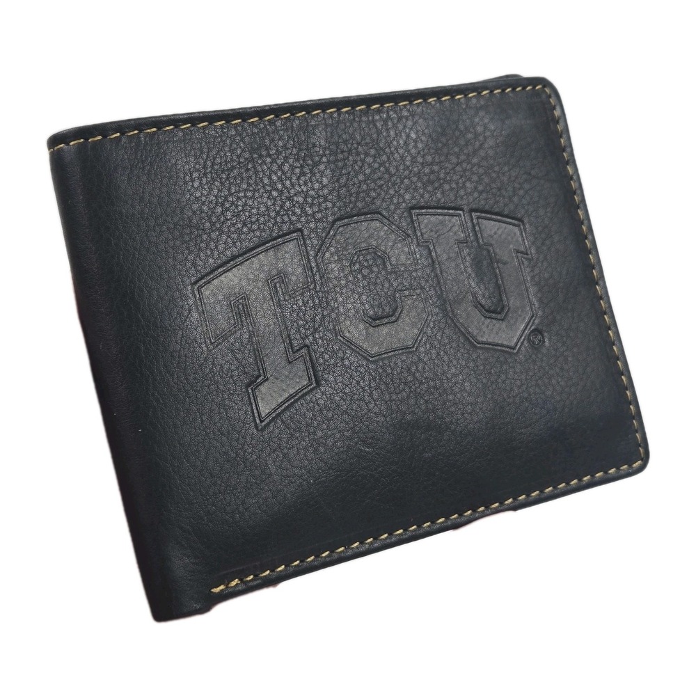 TCU Embossed Genuine Black Leather Men's Slim Bifold Wallet EXCELLENT COND